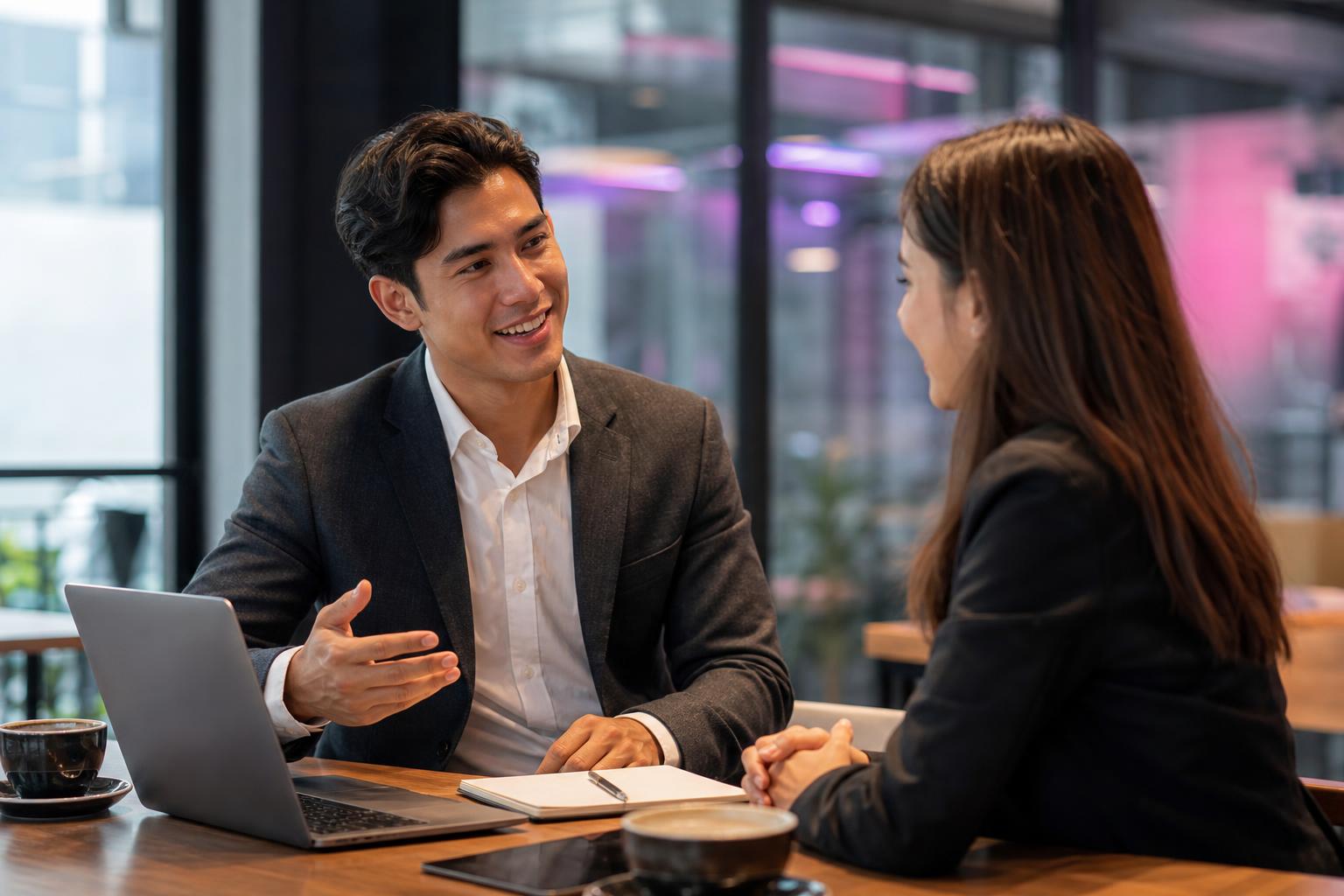 Confident young salesperson building rapport with a client during a positive business conversation