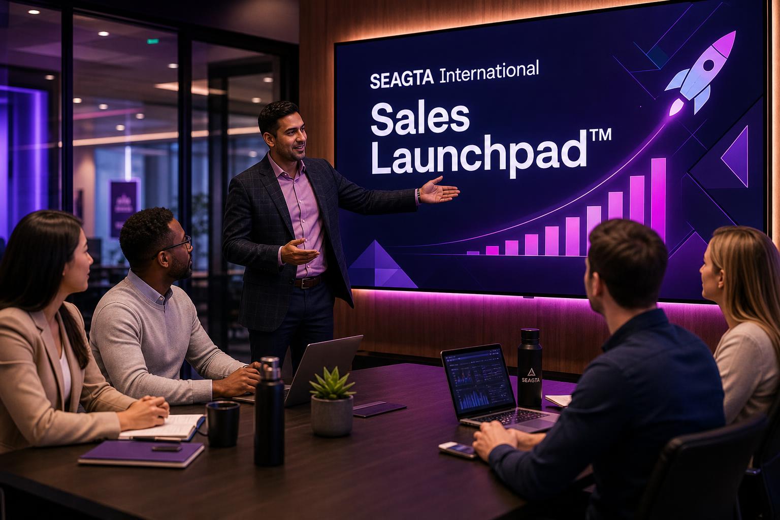 Sales coach guiding a team of junior salespeople in a SEAGTA International Sales Launchpad training session